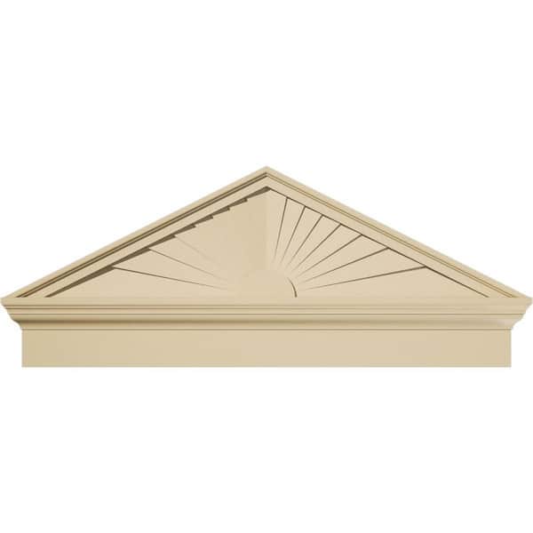 Ekena Millwork 42 in. W x 17-3/8 in. H x 2-3/4 in. P Pitch 6/12 Peaked Cap Sunburst Signature Urethane Combination Pediment, Primed Tan