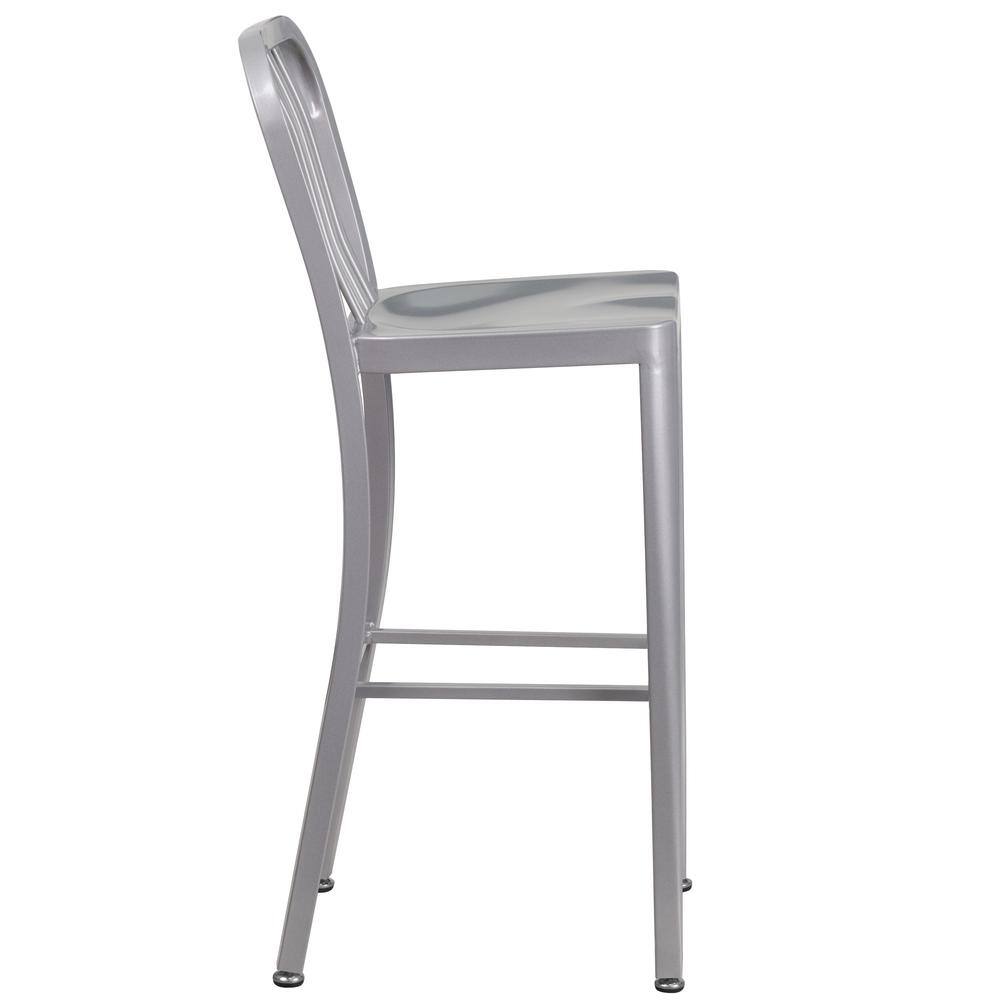 Silver Metal 30" High Indoor-Outdoor Barstool with Slat Back