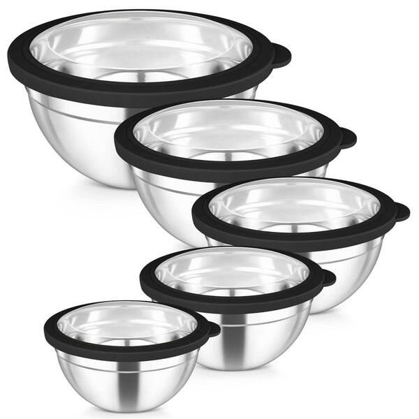 5-Piece Stainless Steel Black Mixing Bowl Set with Airtight Lids, Nesting Design, Heavy Duty, Dishwasher Safe