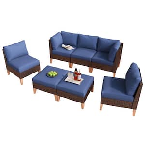 Modular Sofa Collection - 7 Piece Brown Wicker Outdoor Conversation Set Sectional with CushionGuard Blue Cushions
