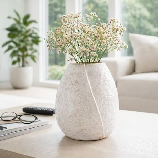 11 in. Ivory Stoneware Round Textured Decorative Vase
