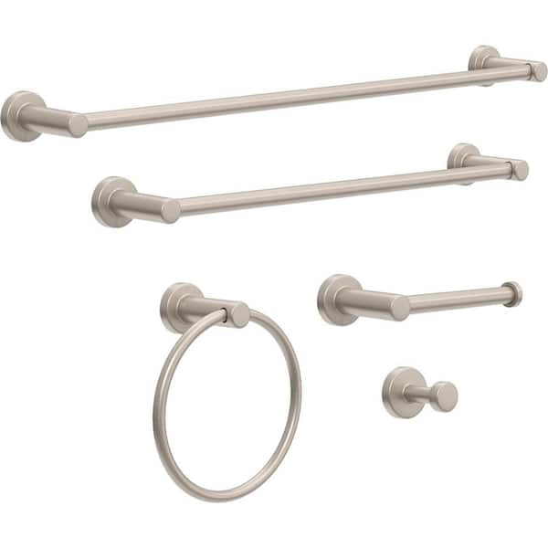 Wake 5-Piece Bath Accessory Set 18, 24 in. Towel Bars, Toilet Paper Holder, Towel Ring, Towel Hook in Satin Nickel