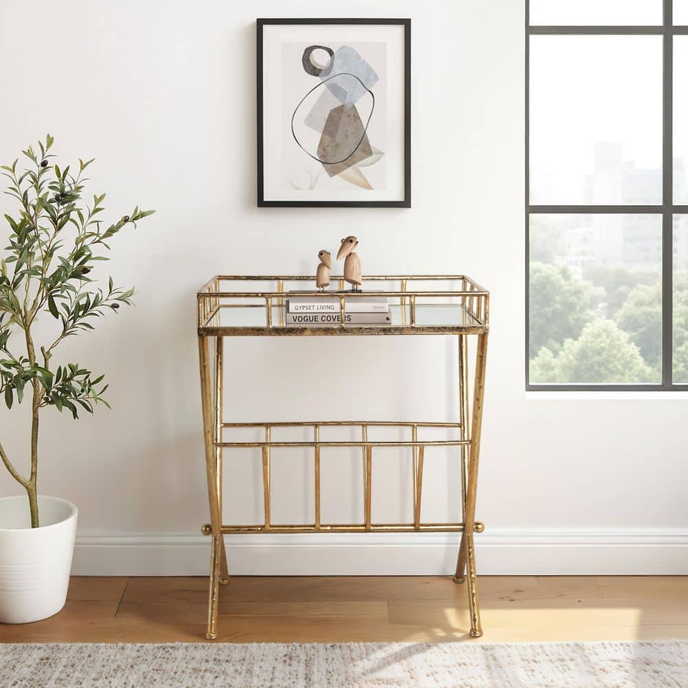 Elegant 25" Gold Metal and Mirrored Wood End Table