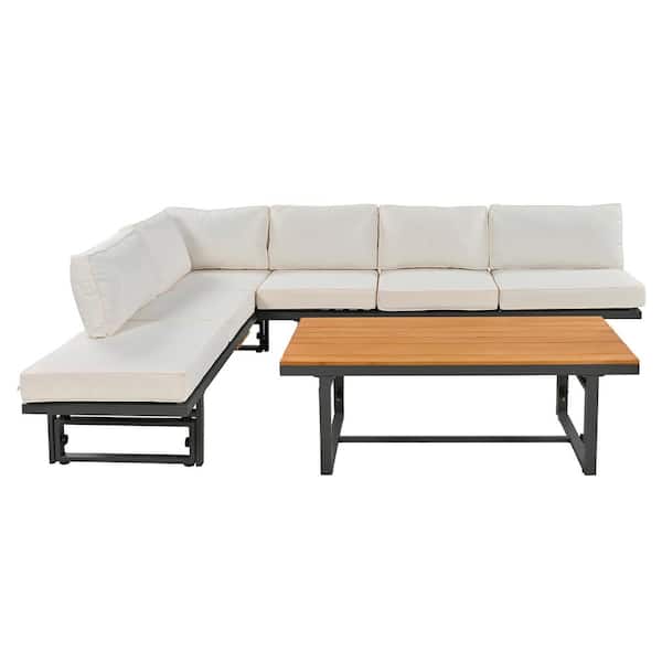 Unbranded 3-Piece Metal Outdoor Sectional with Adjustable Seating, Coffee Table and Beige Cushions for Patio, Garden and Backyard
