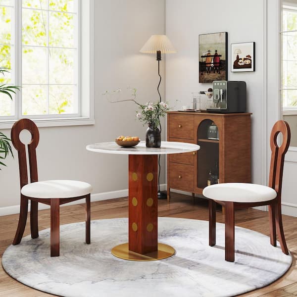 Pandora Marble Top 33.46 in. Solid Wood Pedestal Base Round Dining Table for Conversation, Breakfast, Bistro Seats 3