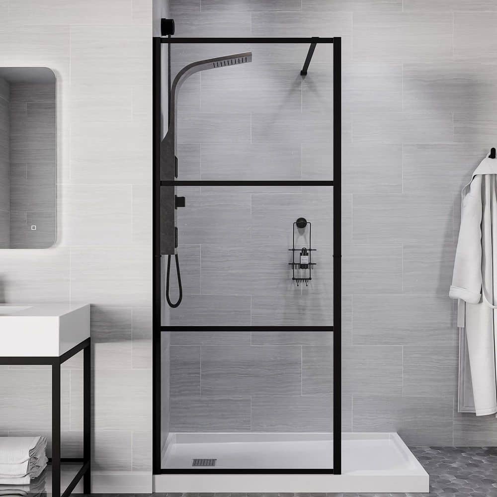 34 in. x 78 in. Fixed Framed Shower Door in Matte Black with Tsunami Guard 
