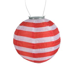 Glow 10 in. Red and White Stripe Round Integrated LED Hanging Outdoor Nylon Solar Lantern