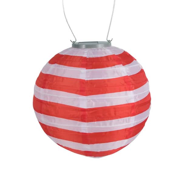 ALLSOP Glow 10 in. Red and White Stripe Round Integrated LED Hanging Outdoor Nylon Solar Lantern