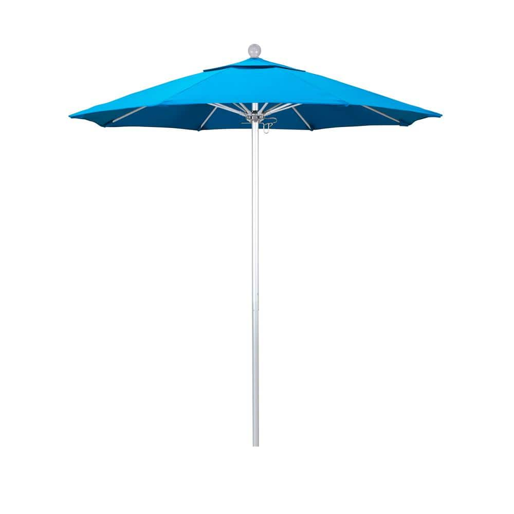 California Umbrella 7.5 ft. Silver Aluminum Commercial Market Patio Umbrella with Fiberglass Ribs and Push Lift in Canvas Cyan Sunbrella