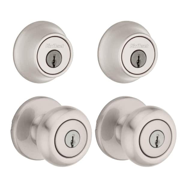 Kwikset Cove Satin Nickel Keyed Entry Door Knob and Single Cylinder Deadbolt Project Pack with Pin & Tumbler featuring Microban