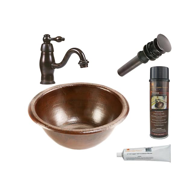 Premier Copper Products All-in-One Small Round Self Rimming Hammered Copper Bathroom Sink in Oil Rubbed Bronze