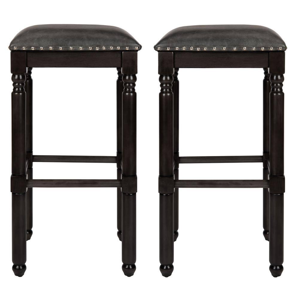 Preston Gray Walnut Backless Bar Stools with Nailhead Trim, Set of 2