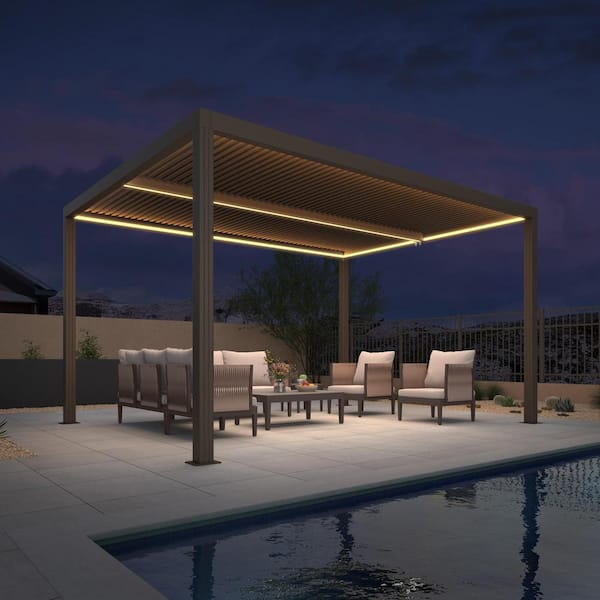 PURPLE LEAF 10 ft. x 13 ft. Bronze Aluminum Frame Patio Louvered Pergola Gazebo with Adjustable Sunshade Roof and LED Strip Lights