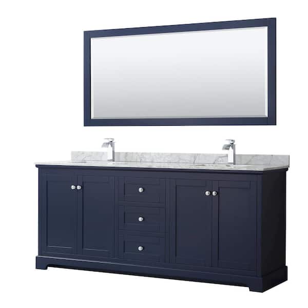 Wyndham Collection Avery 80 in. W x 22 in. D x 35 in. H Double Bath Vanity in Dark Blue with White Carrara Marble Top and 70 in. Mirror