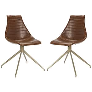 Lynette Light Brown/Brass Leather Swivel Dining Chair (Set of 2)
