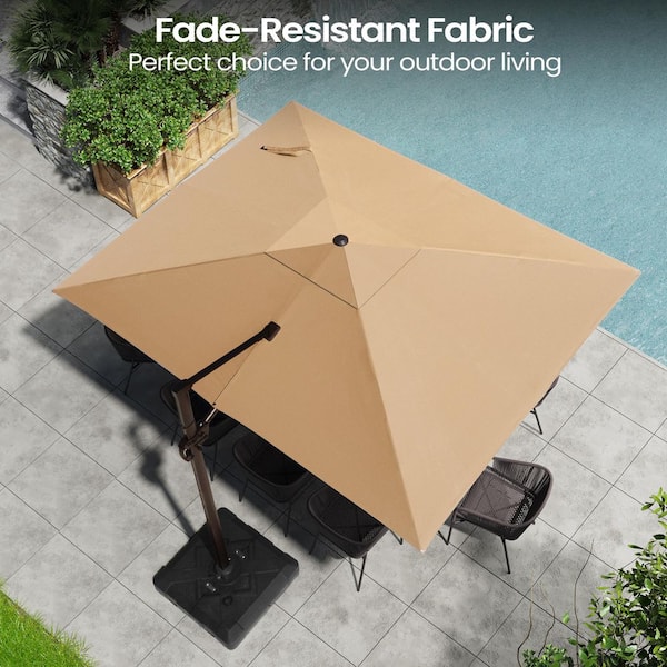 9 ft. x 12 ft. Aluminum Large Outdoor 360° Rotation Patio Cantilever Umbrella in Tan with 350 lbs. Umbrella Base