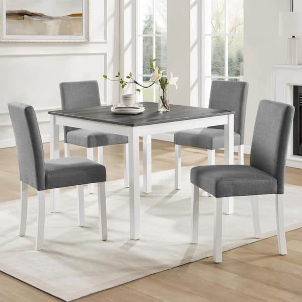 Merton Modern 5-Piece Square White Wood Top Dining Table Set with Grey Linen Upholstered Chairs, Seats 4