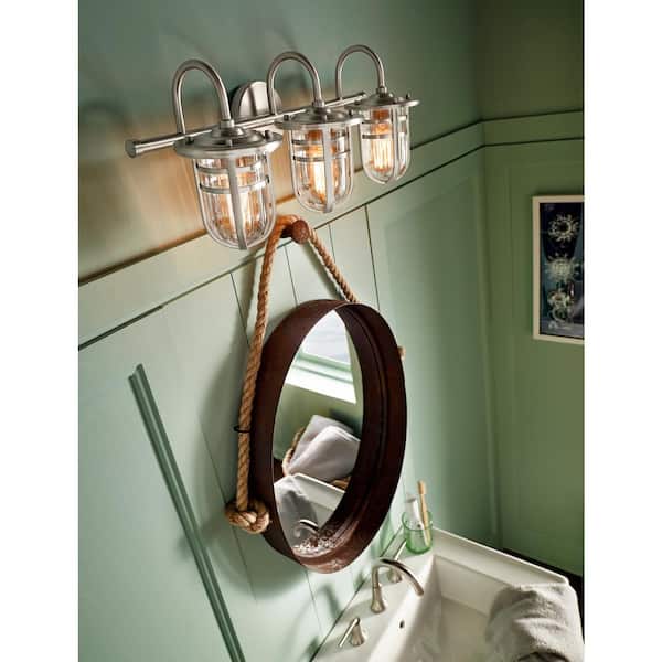 Caparros 24 in. 3-Light Brushed Nickel Coastal Bathroom Vanity Light with Clear Glass Shade