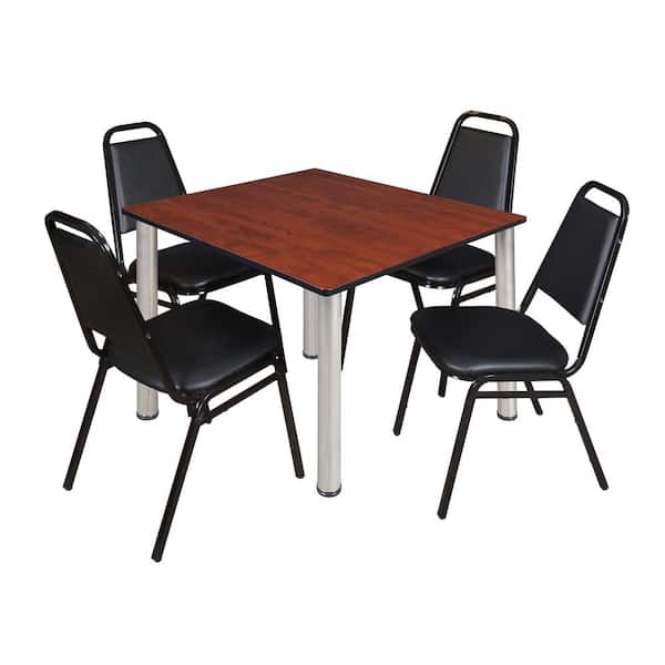 Regency Rumel 48 in.Square Chrome and Cherry Wood Breakroom Table and 4 Restaurant Stack Chairs (4-Capacity)