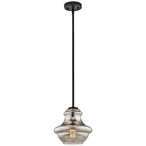 Everly 9.25 in. 1-Light Olde Bronze Transitional Shaded Kitchen Mini Pendant Hanging Light with Mercury Glass