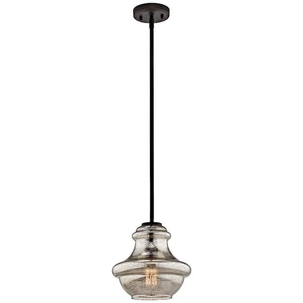 KICHLER Everly 9.25 in. 1-Light Olde Bronze Transitional Shaded Kitchen Mini Pendant Hanging Light with Mercury Glass