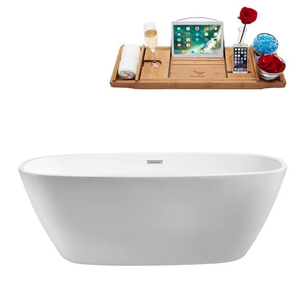 Streamline 59.1 in. Acrylic Flatbottom Non-Whirlpool Bathtub in Glossy White with Polished Chrome Drain and Overflow Cover