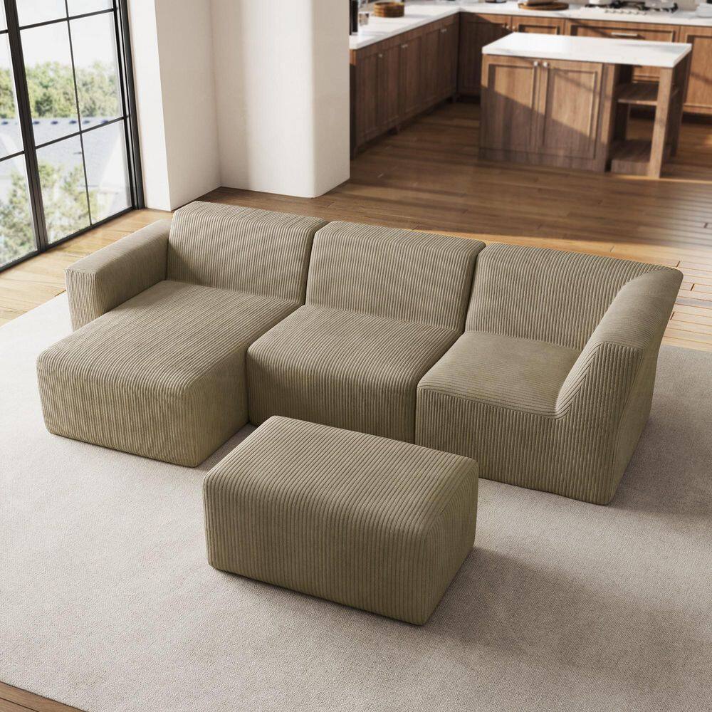114 in. Modern Square Arm 4-piece Corduroy Modular Free Combination Sectional Sofa in. Khaki with Ottoman