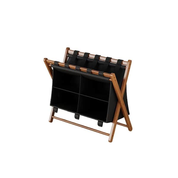 Black Bamboo Luggage Rack with 4 Storage Compartments, Foldable Suitcase Stand for Guest Room, 150 lbs. Capacity, Sturdy