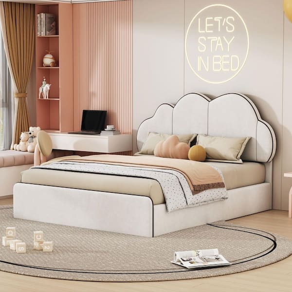 Beige Wood Frame Queen Size Platform Bed with Cloud-Shaped Headboard