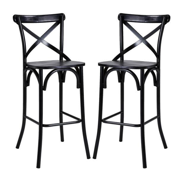 Glitzhome 43 00 In H Black Steel Bar, Wooden Bar Stool With Back Support