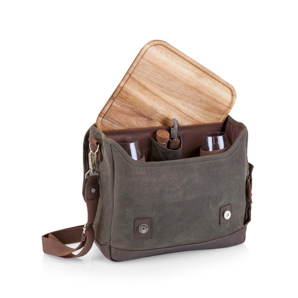 Khaki Green Waxed Canvas Wine Tote with Acacia Table