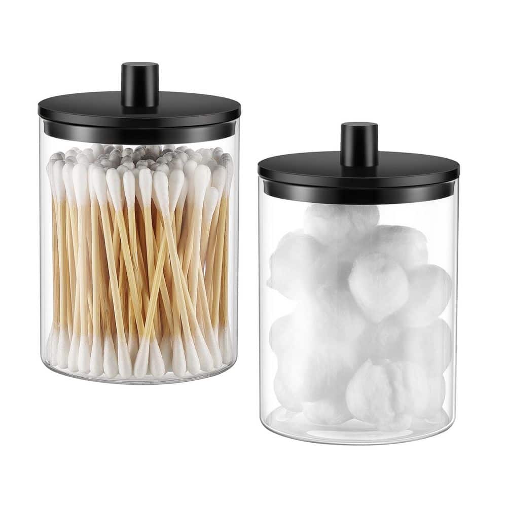 2-Pack Glass Qtip Holder Dispenser 10 oz. Clear Canister Apothecary Jar, Bathroom Vanity Storage Organizer Set in Black price history on PriceWatchPro