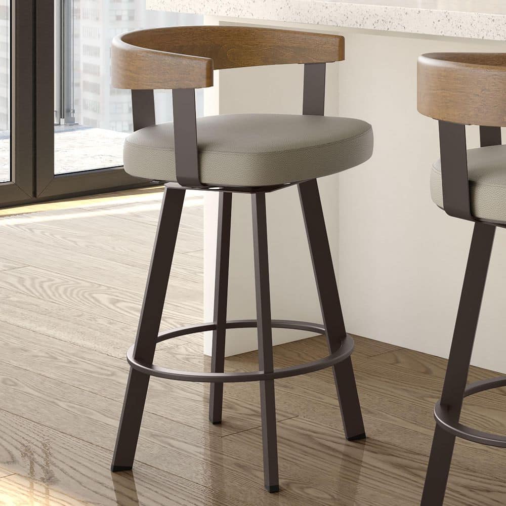 Lars 30" Swivel Bar Stool in Greige Faux Leather with Wood and Metal Frame