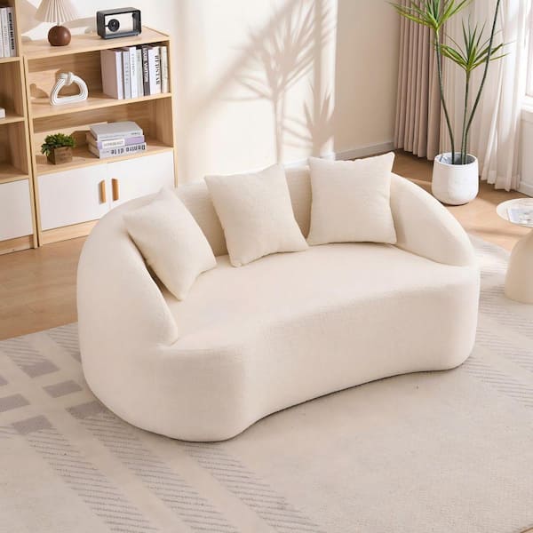 66 in. Chenille 2-Seater Curved Modern Full Compression Boneless Sofa Loveseat with 3-Pillows in Off-White