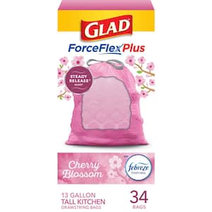 ForceFlexPlus 13 gal. Cherry Blossom Scent Pink Kitchen Drawstring Trash Bags (34-Count)