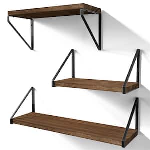 5.7 in. x 16.9 in. x 5.78 in. Light Walnut Wood Floating Decorative Wall Shelves with Metal Brackets (Set of 3)