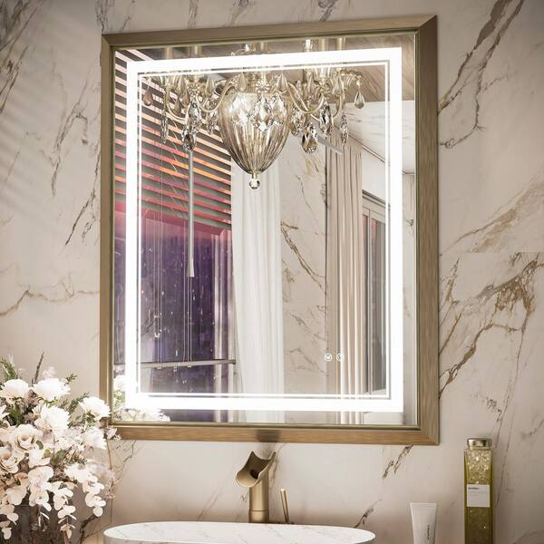KeonJinn 30 in. W. x 36 in. H Rectangular Aluminum Framed with 3-Colors Dimmable LED Wall Mount Bathroom Vanity Mirror in Gold