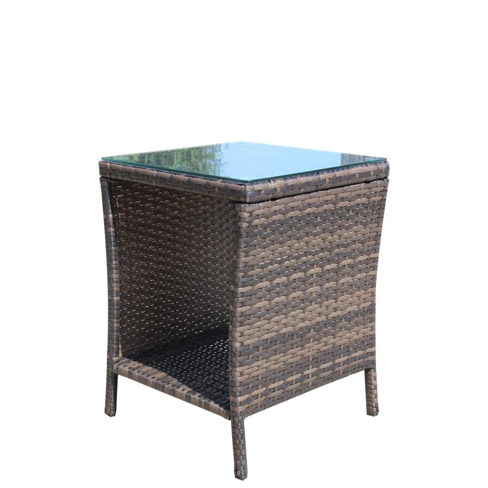 Outdoor Wicker Side Table, Patio Furniture Coffee Table with Clear Tempered
