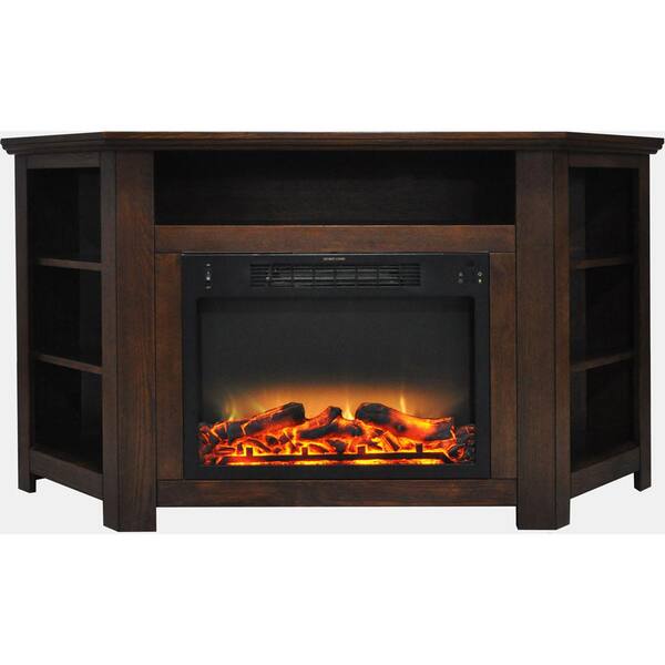 Hanover Tyler Park 56 in. Electric Corner Fireplace in Walnut with Enhanced Fireplace Display