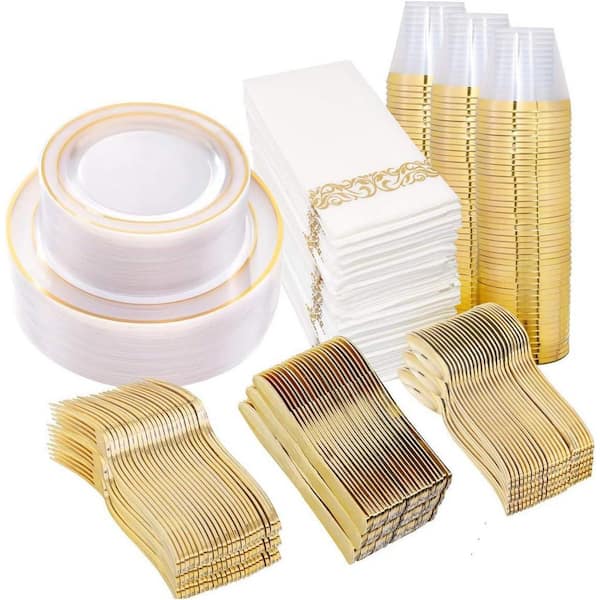 350-Piece Clear Gold Disposable Plastic Dinnerware Set, Service for 50 Guests, Perfect for Party an Wedding