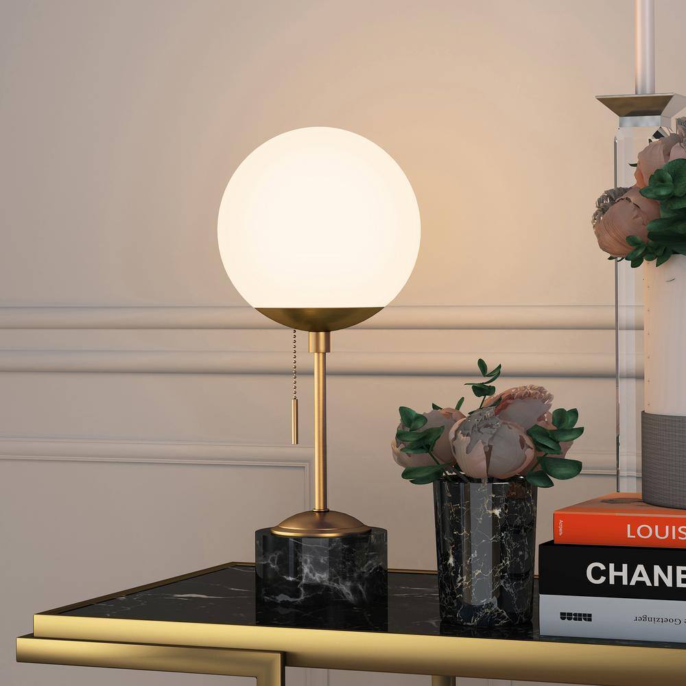 Reagan Art Deco Brass & Black Marble Table Lamp with White Globe Shade