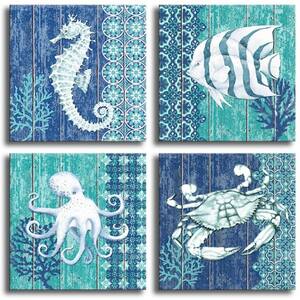 Seahorse Octopus Crab Fish Underwater World Pictures Prints Wall Mural Set of 4
