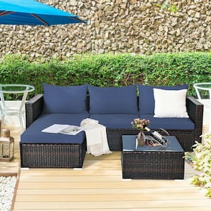 5-Piece Wicker Patio Rattan Outdoor Sectional Set and Coffee Table with Navy Cushions, Easy to Assemble and Clean
