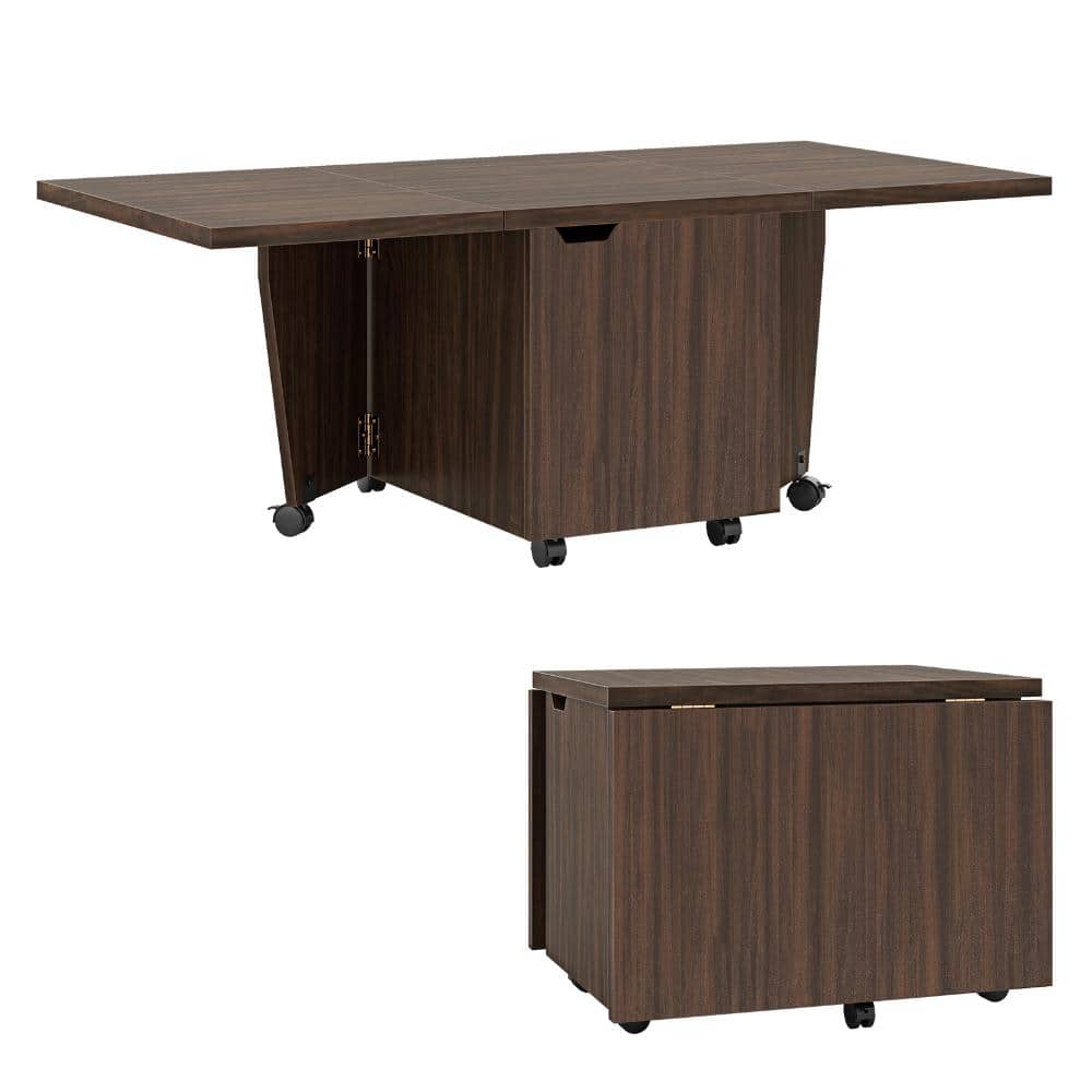 48 in. Walnut Rectangle Foldable Extendable Coffee Table with Storage Cabinet and Wheels