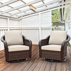 2-Piece Brown Wicker Outdoor Rocking Chair Patio Swivel Chair Set with Beige Cushion