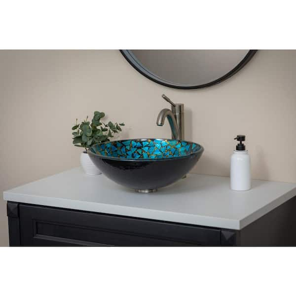 Round Mosaic Tile Vessel Sink | Gem orders Countertop WashBasin with Overflow | Mosaica Verde Gem Gold Trim