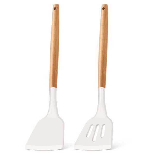 White Silicone Finish 2 Pack Spatula Turner Set Heat Resistant Solid and Slotted Kitchen Cooking Utensils