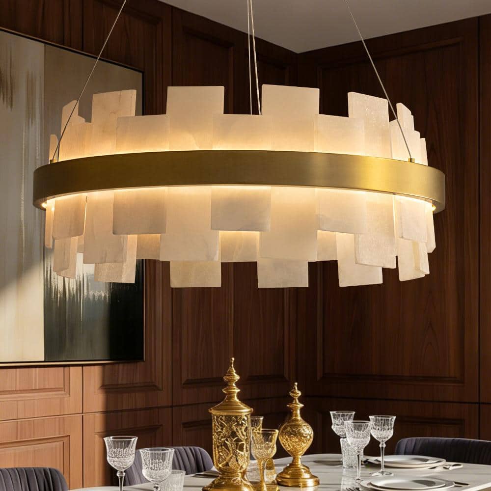 24 in. Modern Gold Round Alabaster LED Chandelier with Remote Control and Adjustable Color Temperature price history on PriceWatchPro