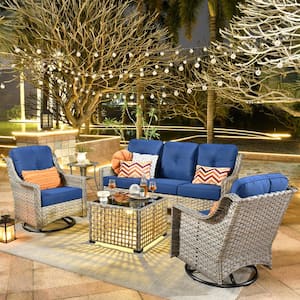 Palffy Gray 5-Piece Wicker Patio Conversation Seating Set with Navy Blue Cushions and Swivel Rocking Chairs