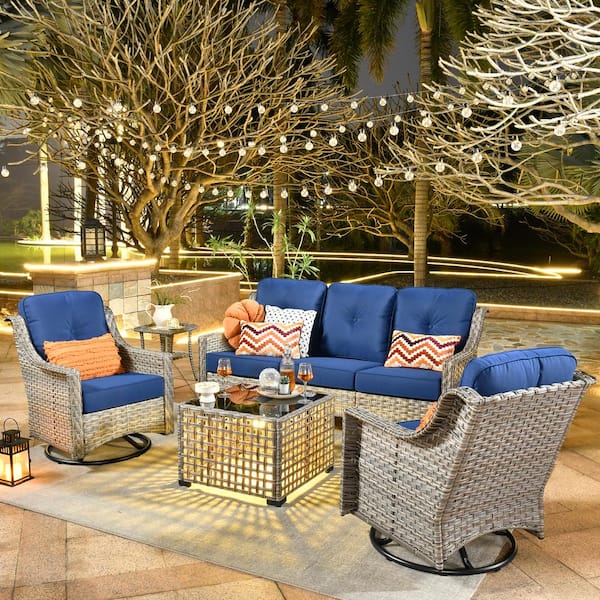 OVIOS Palffy Gray 5-Piece Wicker Patio Conversation Seating Set with Navy Blue Cushions and Swivel Rocking Chairs